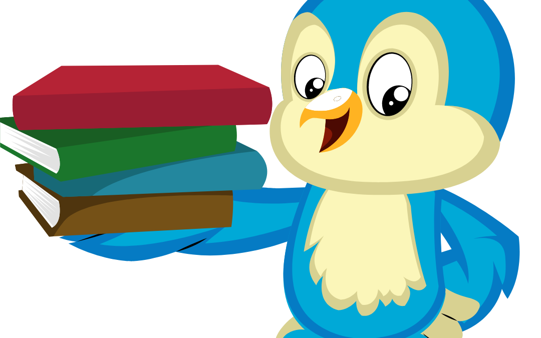 Cartoon Bluebird holding a stack of 4 books