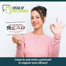 A call to action inviting people to write postcards in support of their local library.