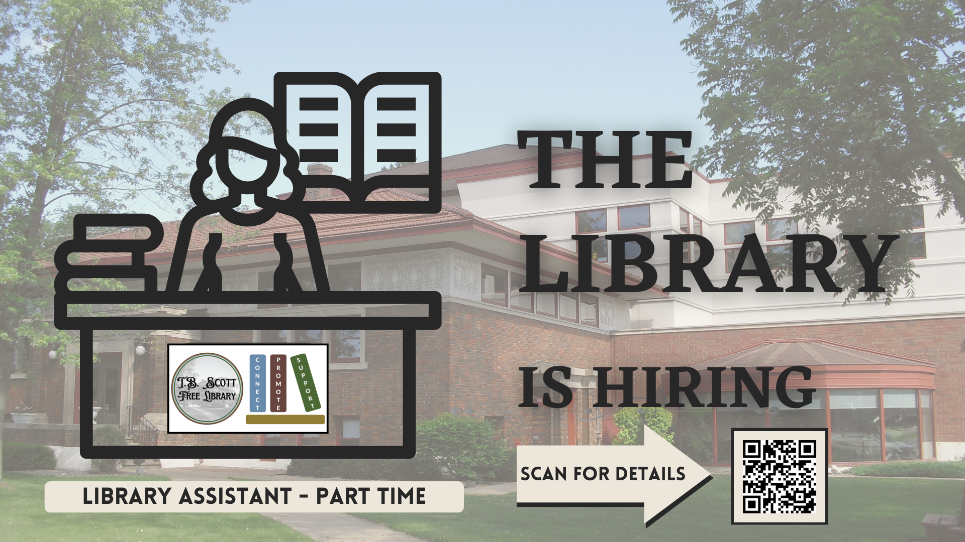 Library hiring advertisement with a red-brick building background, featuring text, a QR code, and library logo.