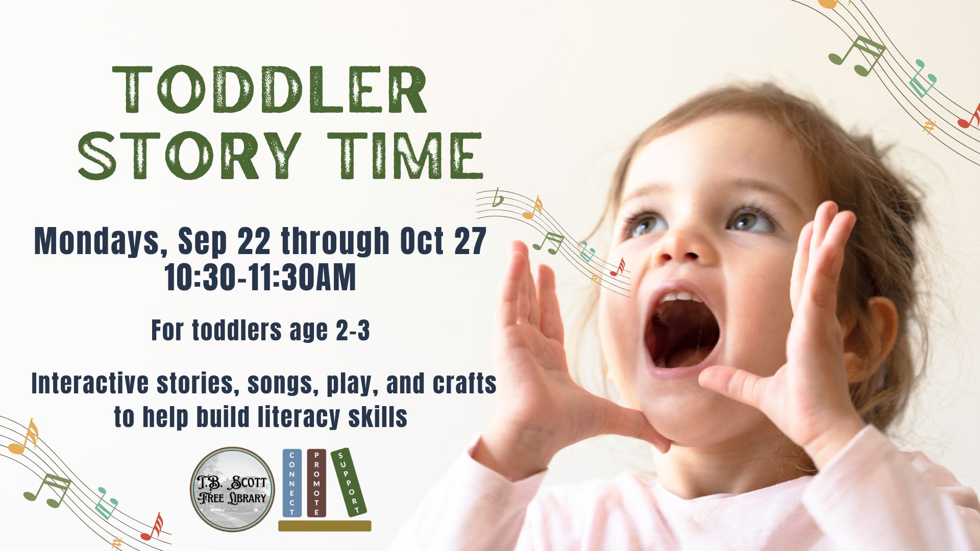 Toddler Story Time advertisement with text details and a toddler singing, with musical notes illustrated.