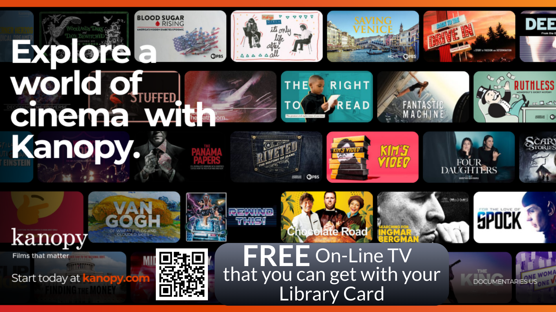 Promotional banner for Kanopy featuring film posters and promotional text.