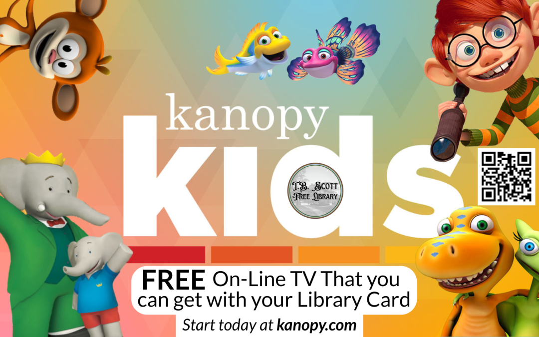 Colorful poster for "kanopy kids" with cartoon animals and characters.