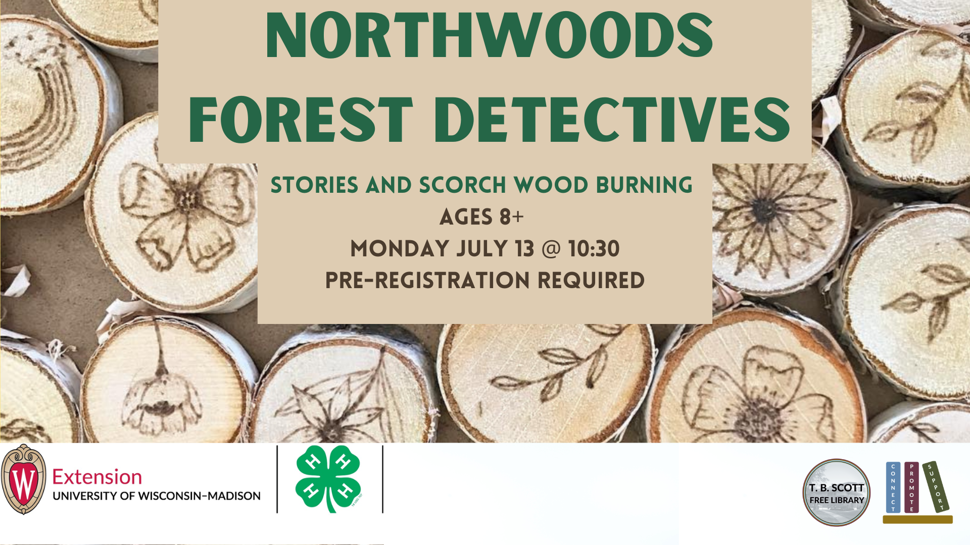 Event flyer for "Northwoods Forest Detectives" with wood-burned illustrations on log slices.
