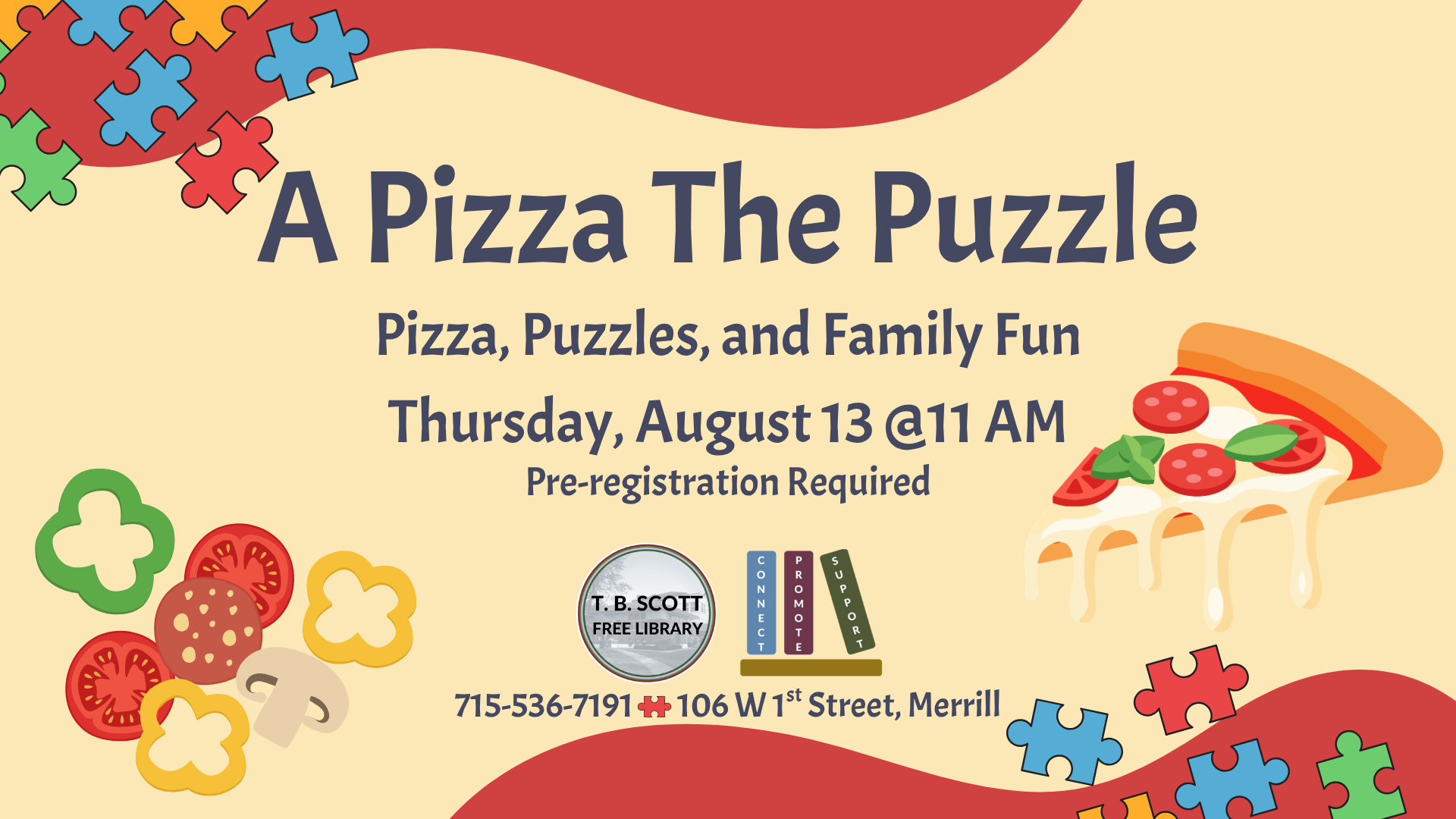 Colorful flyer for "A Pizza The Puzzle" event featuring pizza, vegetables, and puzzle pieces, with event details, a library logo, and contact information.