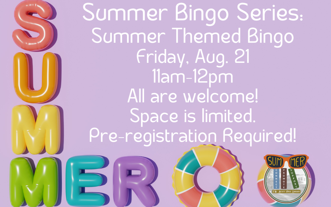 Colorful inflated letters spelling "SUMMER" on a lavender background, promoting a summer bingo event with details about the date and registration.