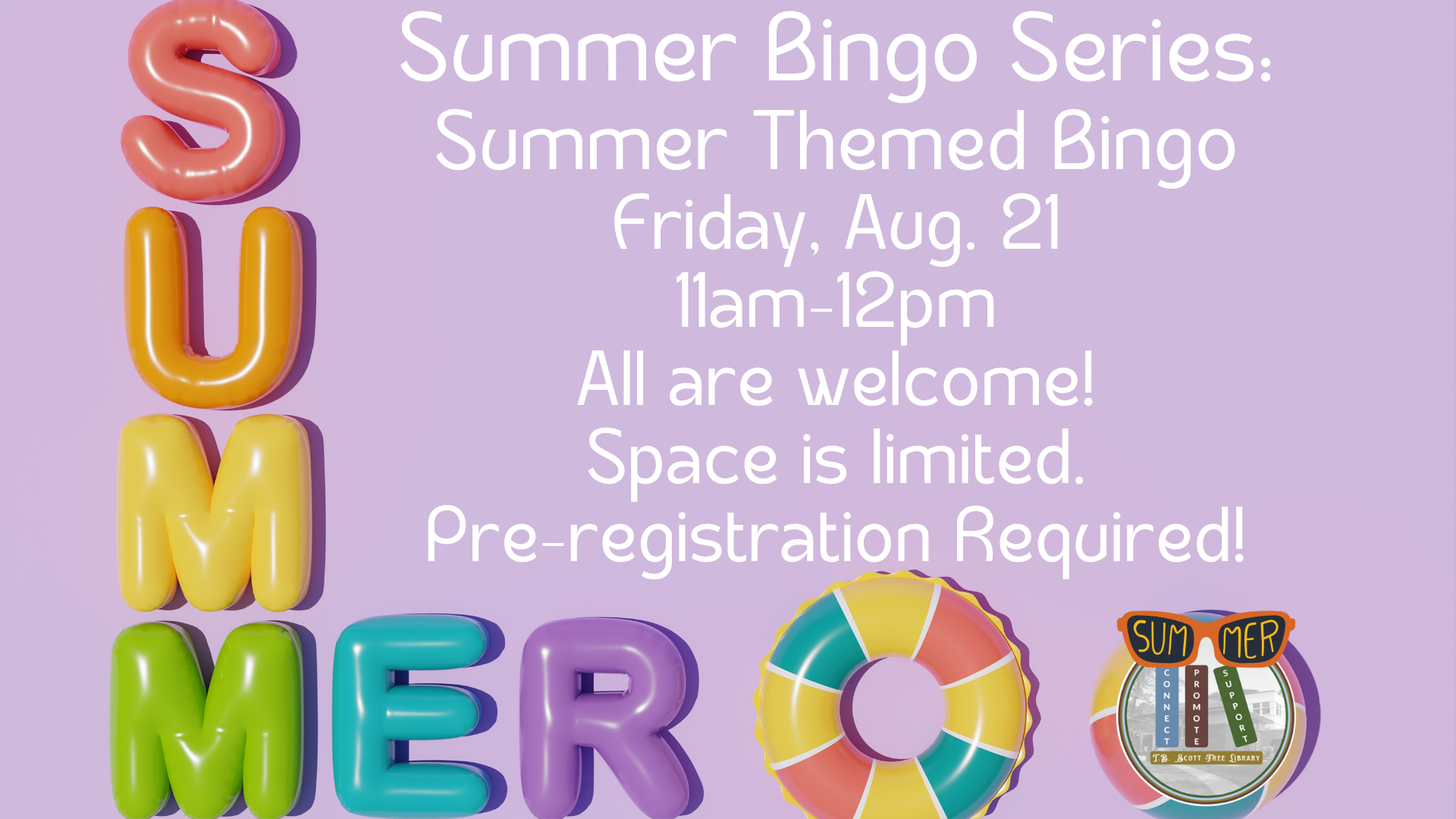 Colorful inflated letters spelling "SUMMER" on a lavender background, promoting a summer bingo event with details about the date and registration.